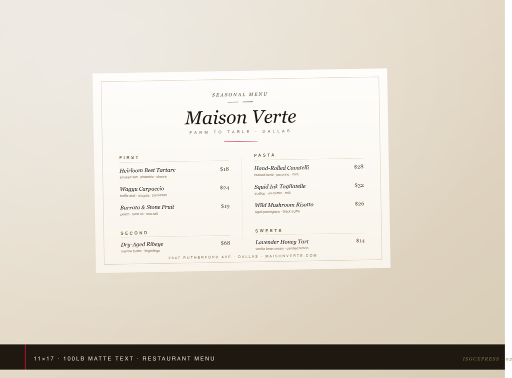 Custom 11x17 restaurant menu flyer printed by ISGCxPress