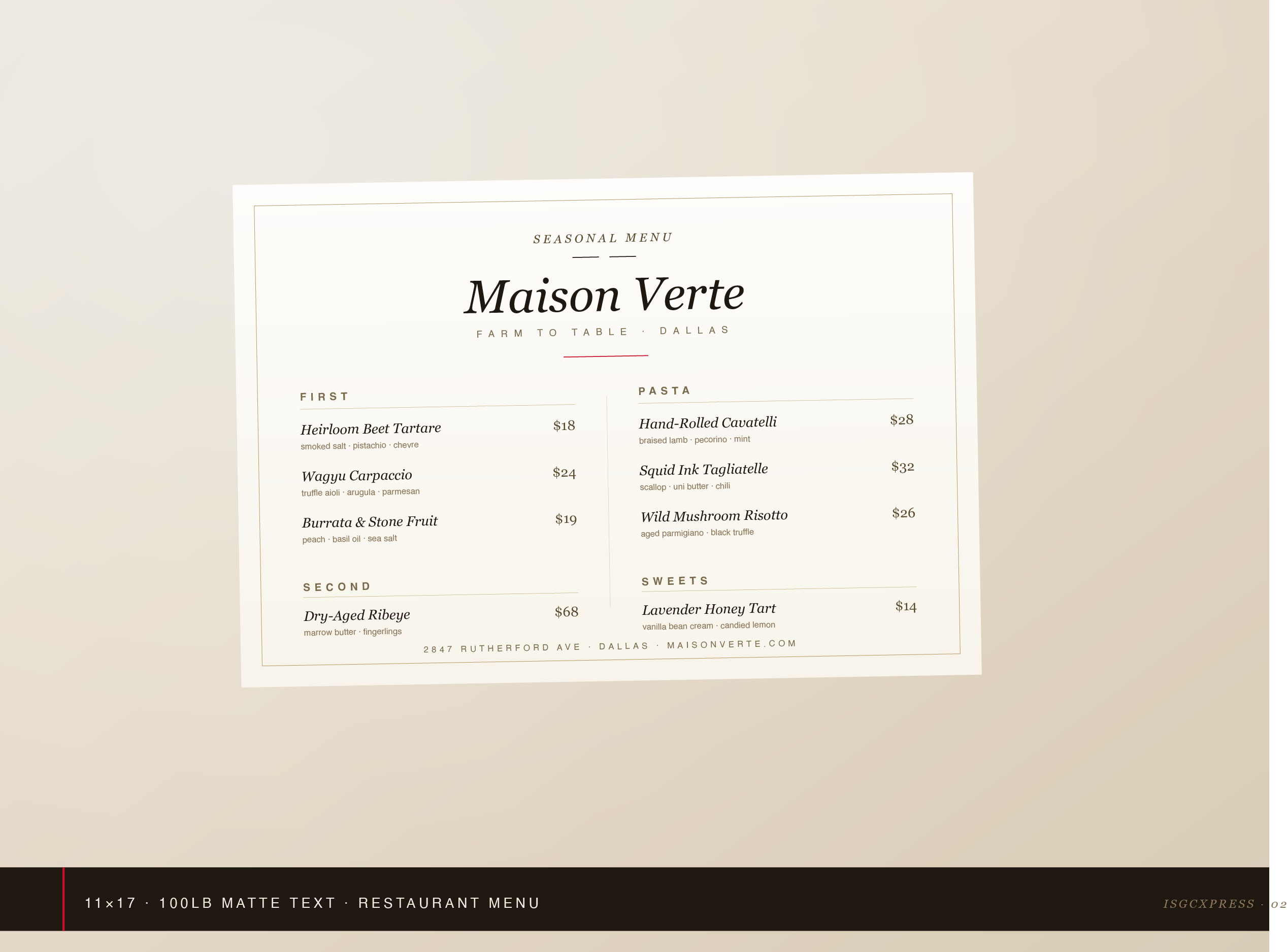 Custom 11x17 restaurant menu flyer printed by ISGCxPress