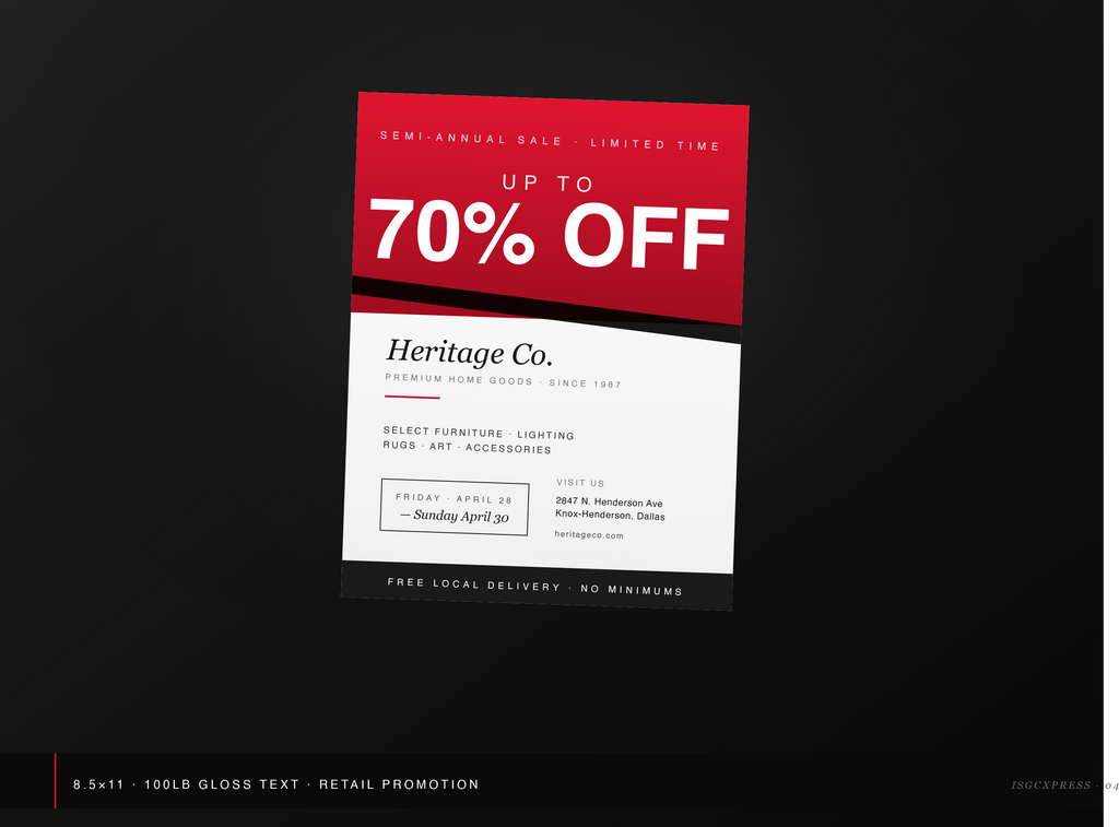 Custom 8.5x11 retail sale promotion flyer printed by ISGCxPress
