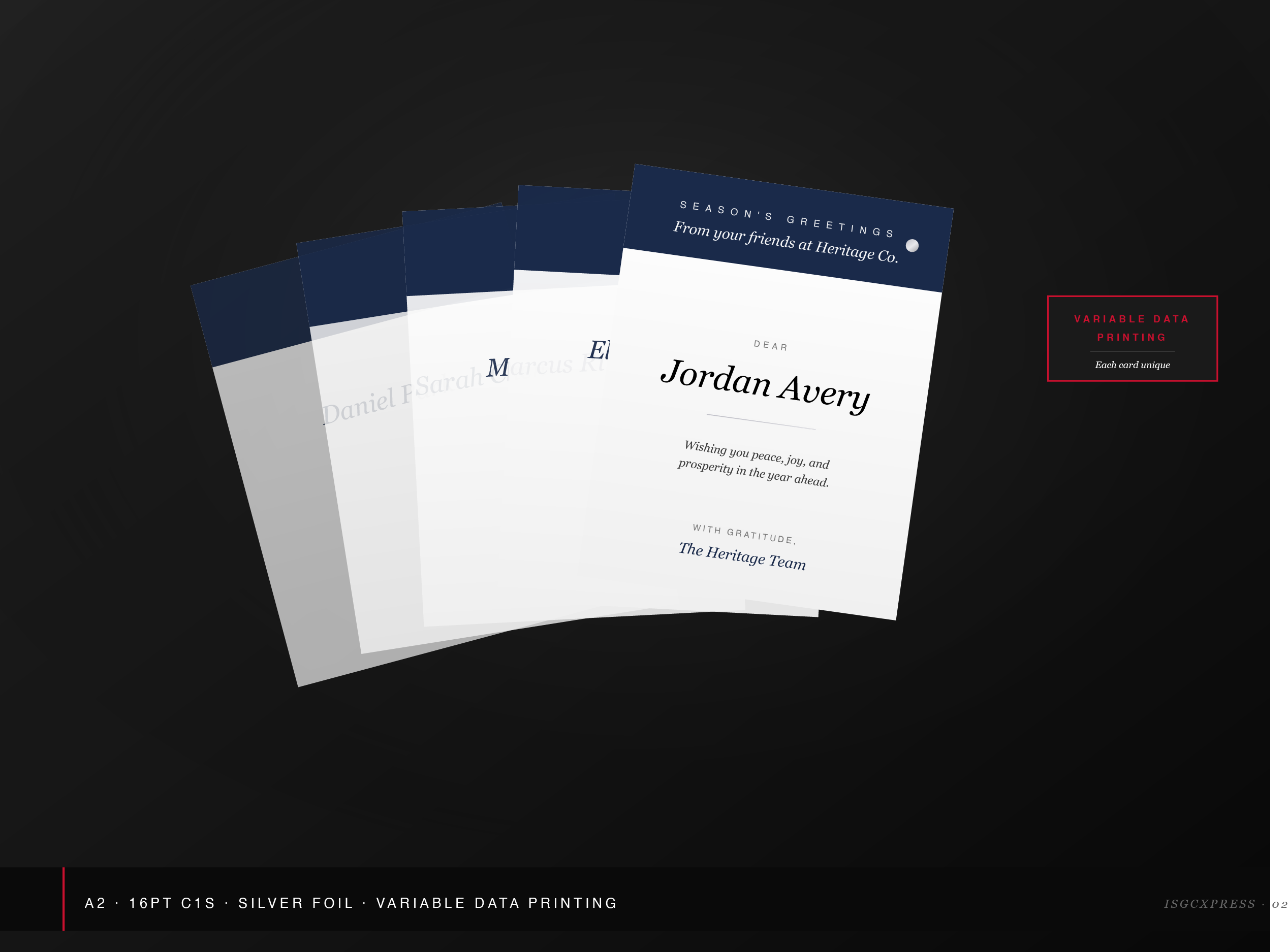 Personalized A2 silver foil greeting cards with variable data printing by ISGCxPress