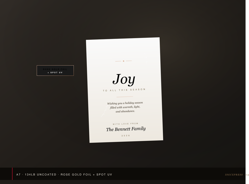 Personalized A7 holiday greeting card with rose gold foil by ISGCxPress