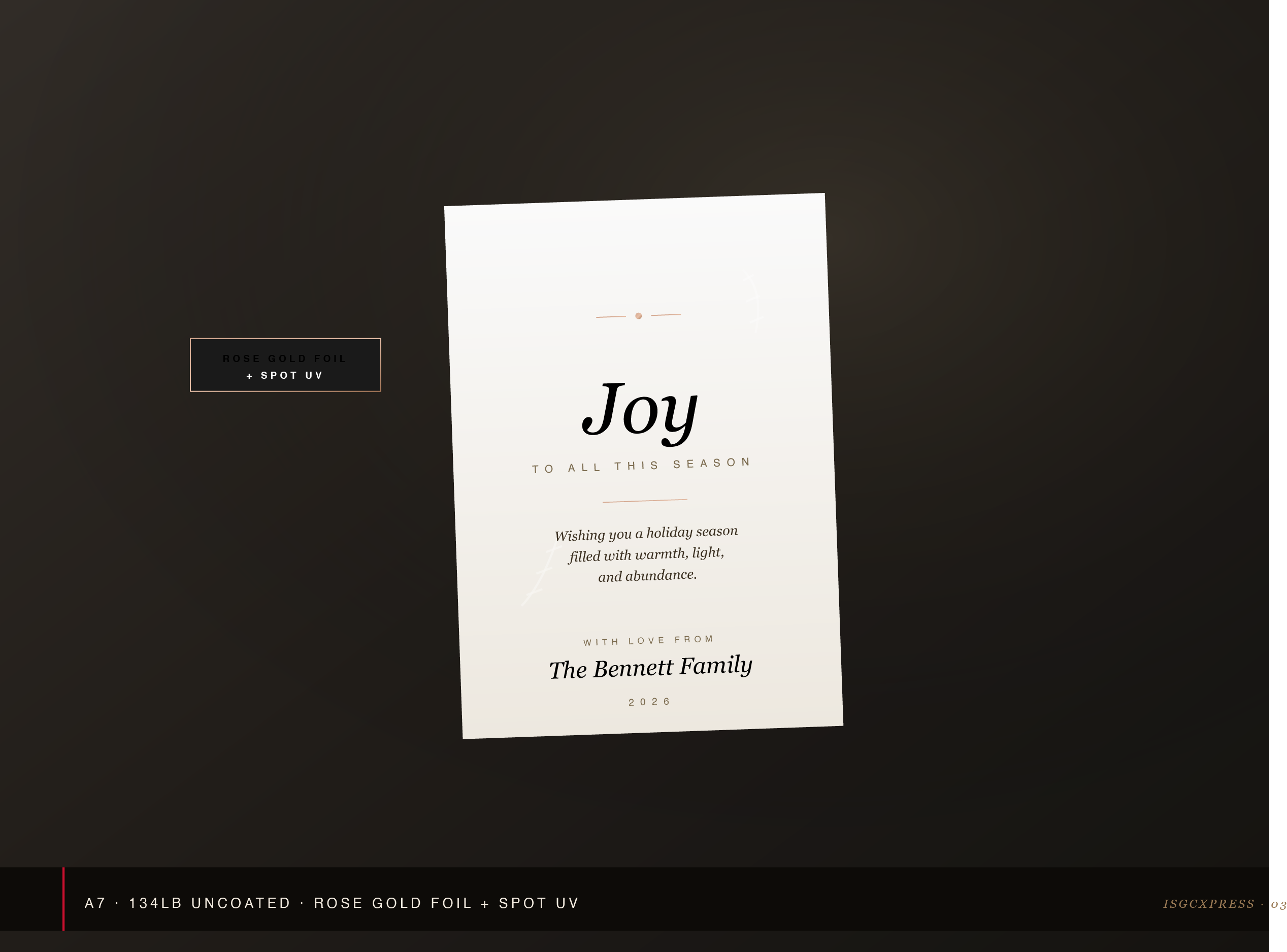 Personalized A7 holiday greeting card with rose gold foil by ISGCxPress