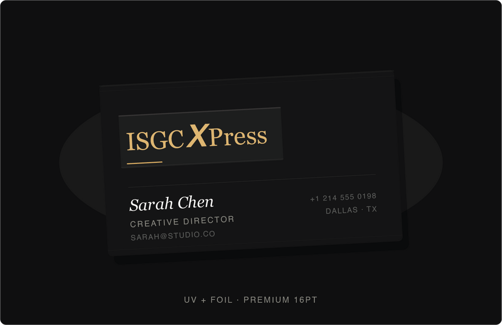 Black premium business card with UV and foil finish by ISGCxPress