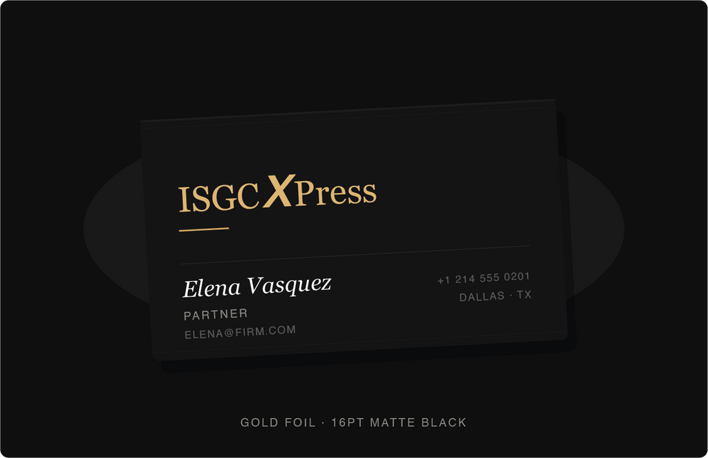 Black matte business card with gold foil printing by ISGCxPress