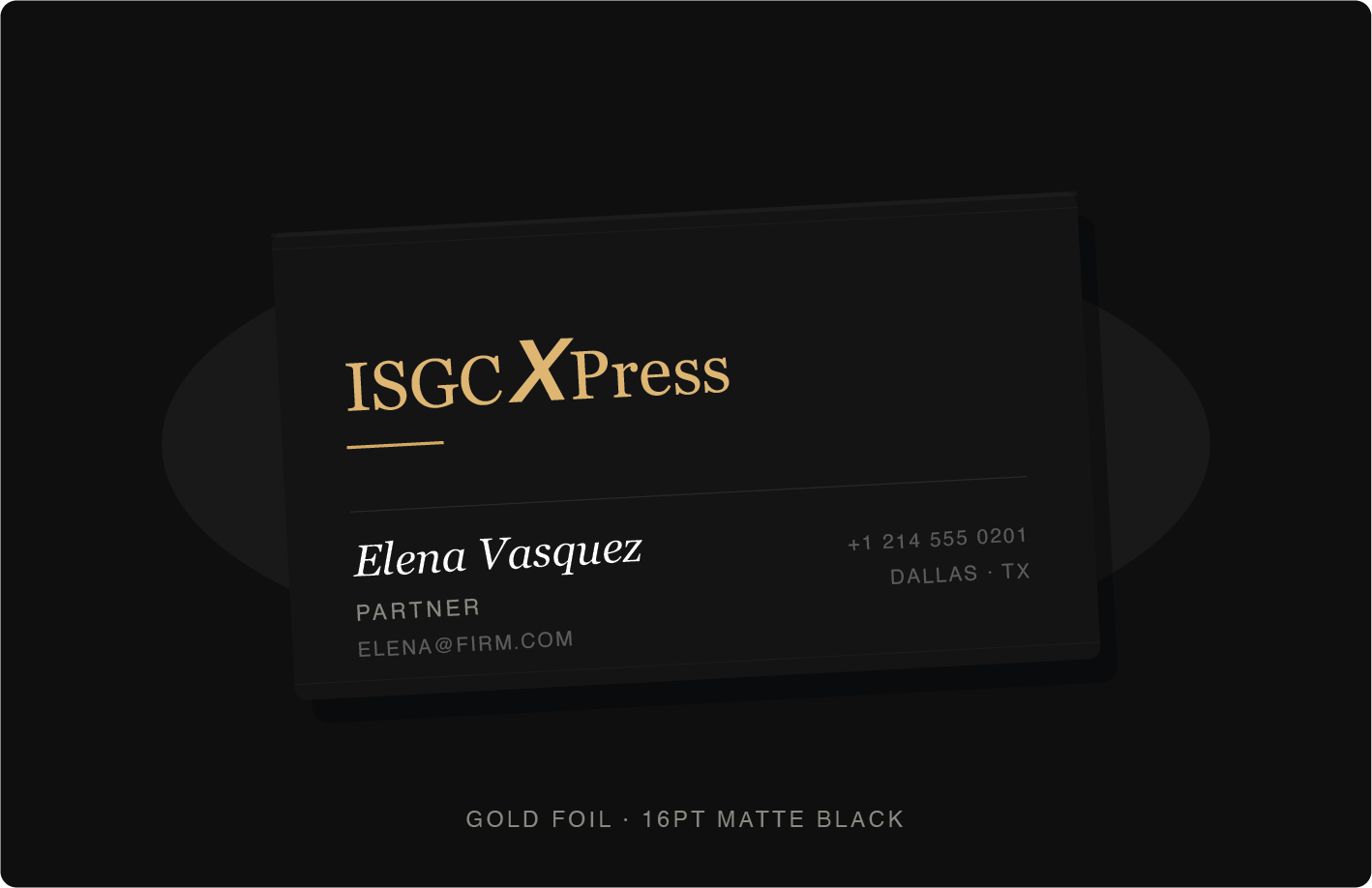 Black matte business card with gold foil printing by ISGCxPress