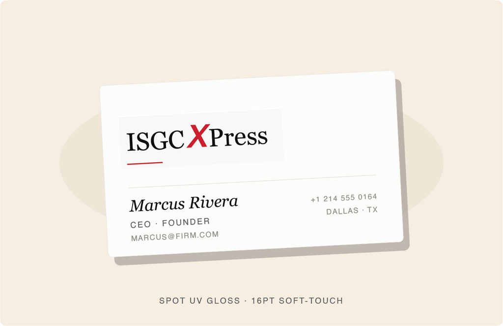 Beige soft-touch business card with spot UV gloss by ISGCxPress