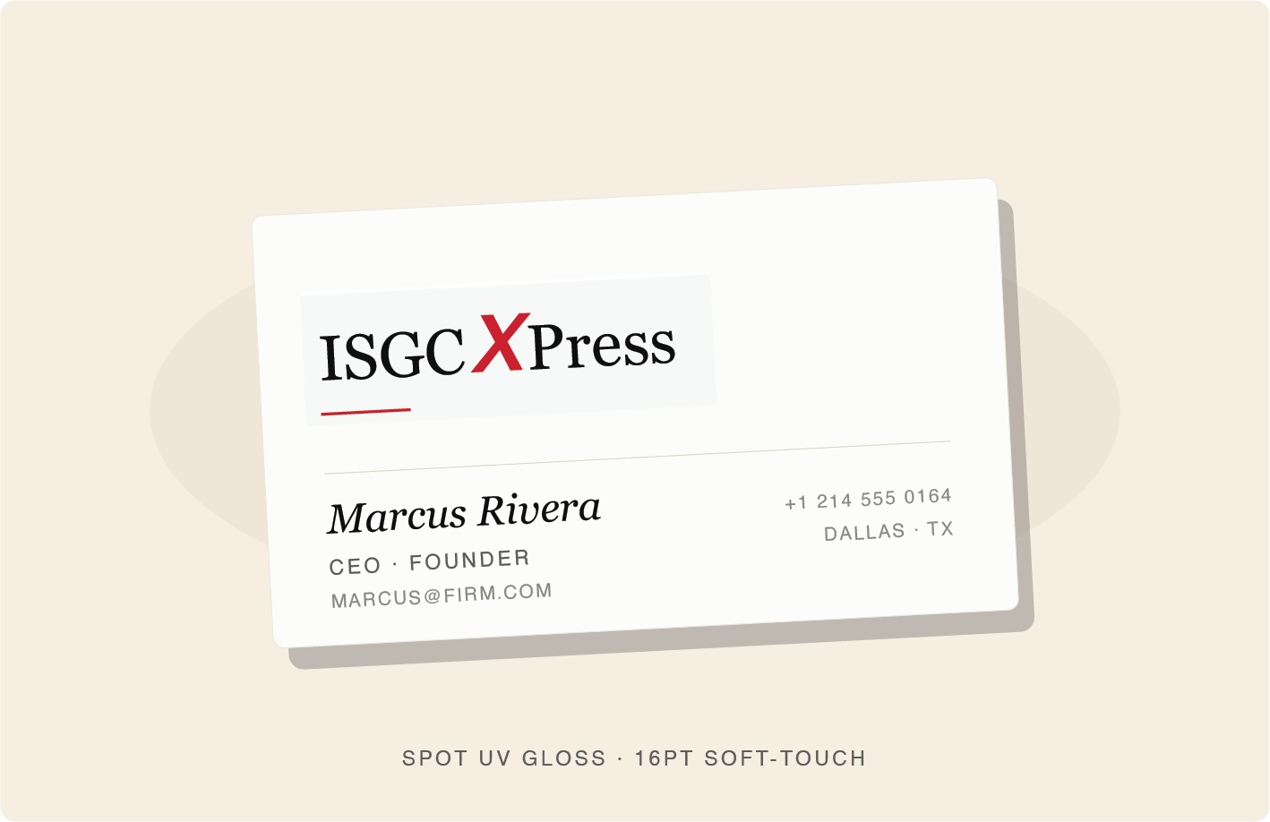 Beige soft-touch business card with spot UV gloss by ISGCxPress