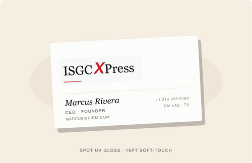 Beige soft-touch business card with spot UV gloss by ISGCxPress