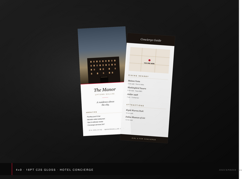 Custom 4x9 hotel concierge rack card printed by ISGCxPress