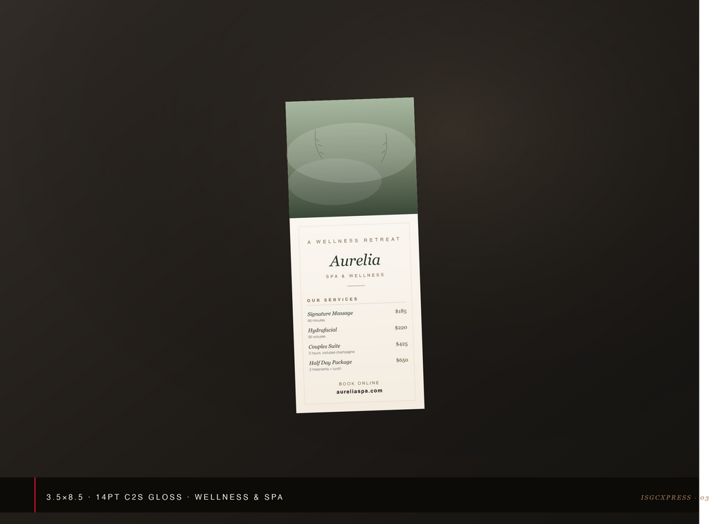 Custom 3.5x8.5 spa and wellness rack card printed by ISGCxPress