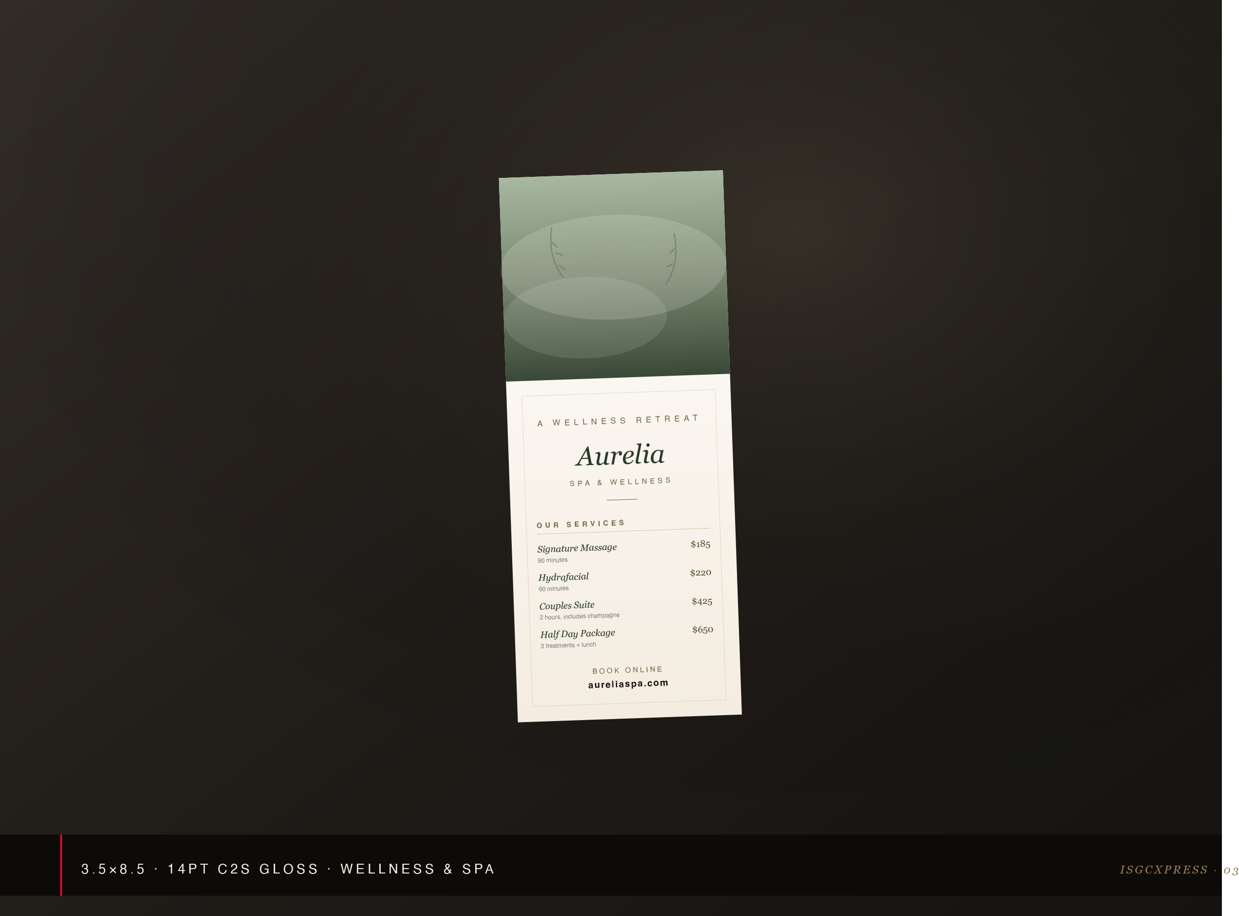 Custom 3.5x8.5 spa and wellness rack card printed by ISGCxPress